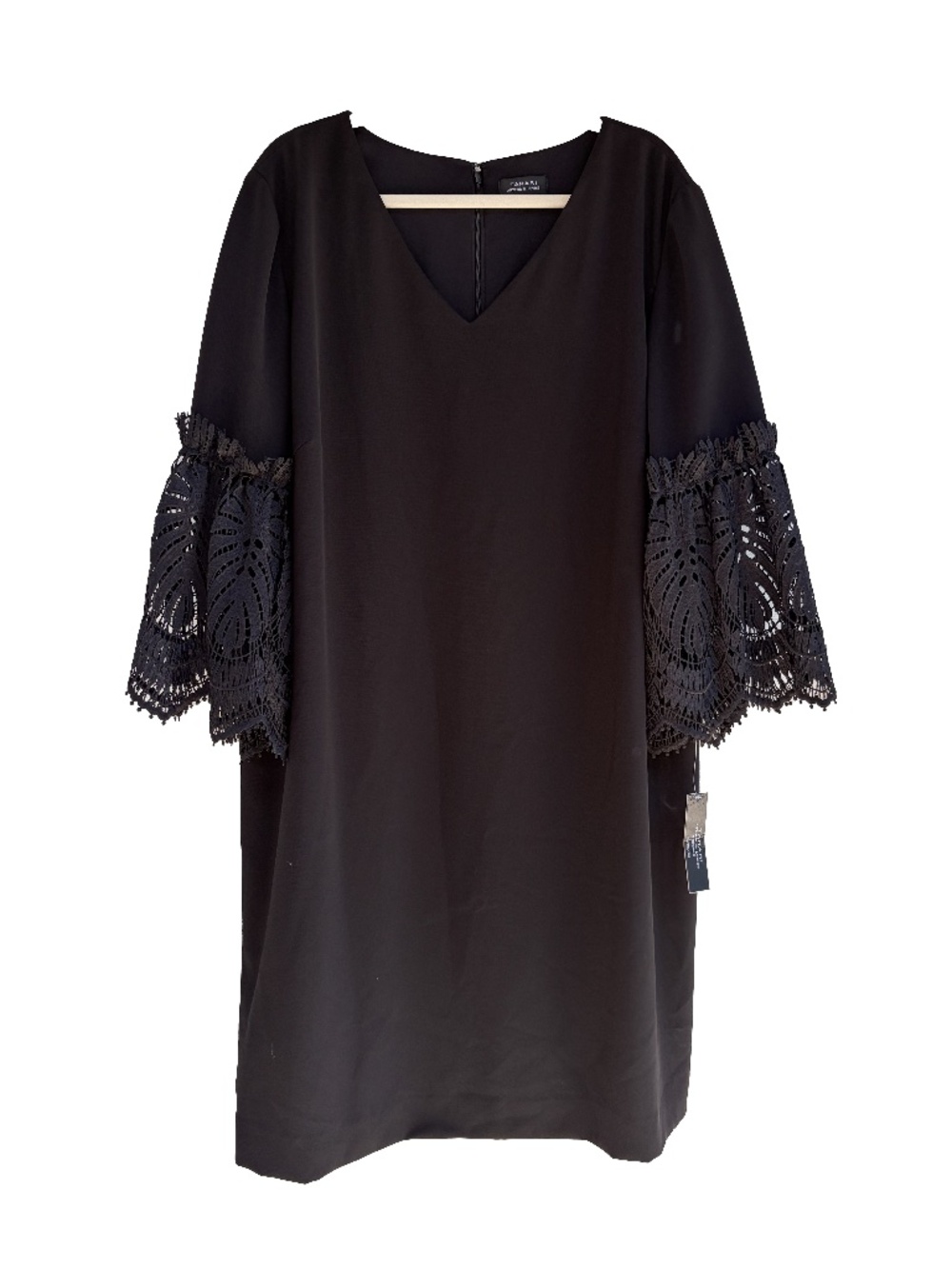 NWT Tahari Arthur Levine 20W Black Shift Short Dress Lace Bell Sleeve V-Neck